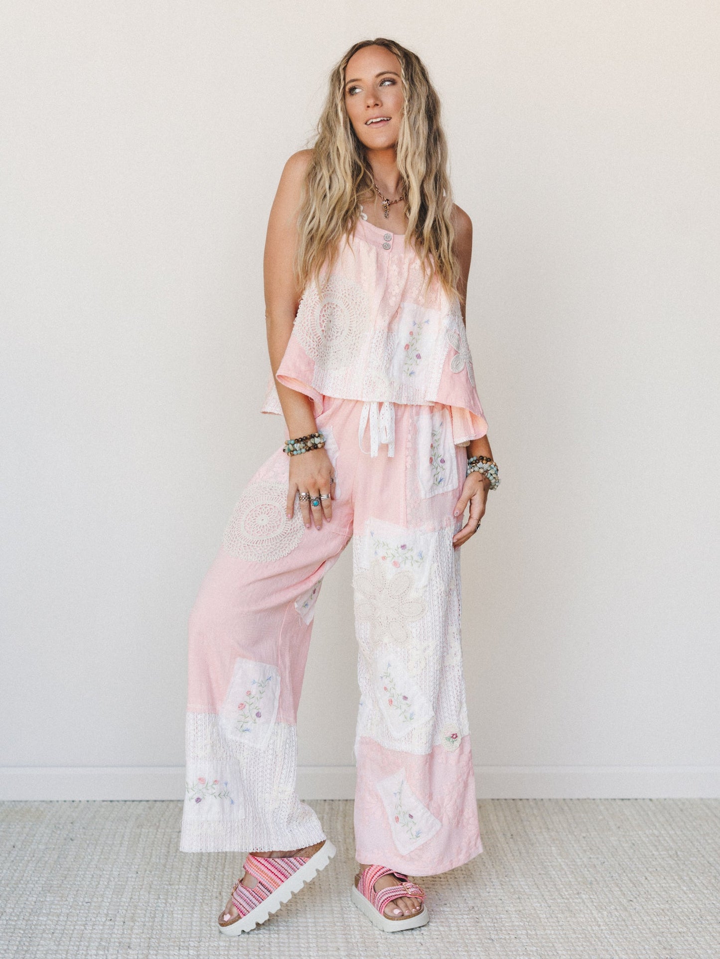 Patchwork Parade Woven Pants - Pale Pink