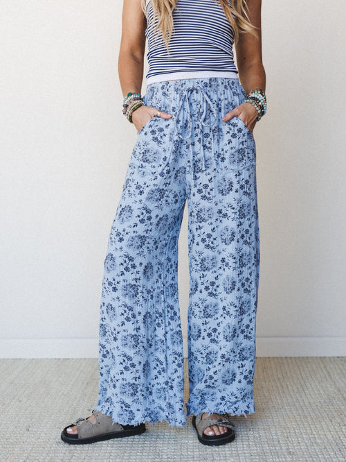 The Nest Sandra Wide Leg Ruffle Pant - Baby Blue