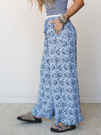 The Nest Sandra Wide Leg Ruffle Pant - Baby Blue