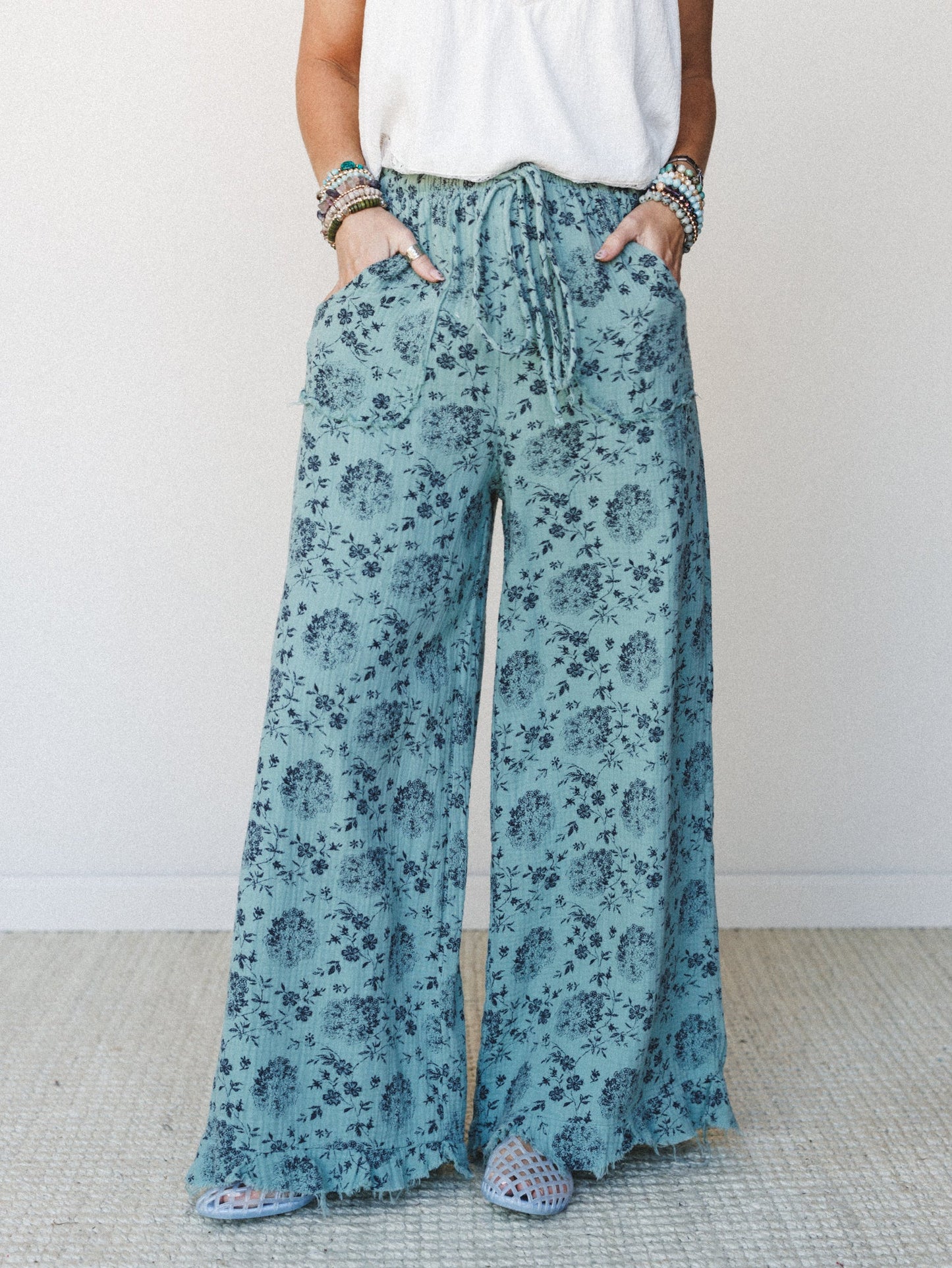 The Nest Sandra Wide Leg Ruffle Pant - Turquoise