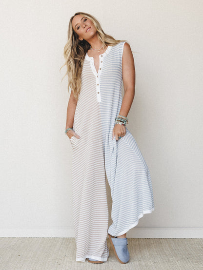 Daphne Striped Wide Leg Jumpsuit - Beige Blue Combo