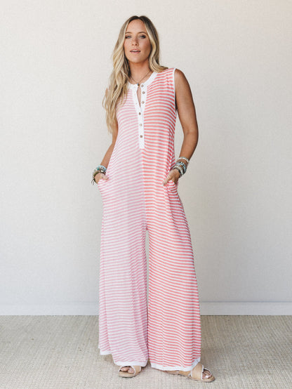 Daphne Striped Wide Leg Jumpsuit - Pink Orange Combo