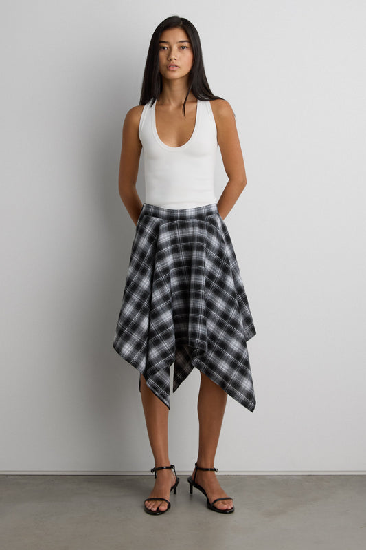 ASYMMETRICAL DRAPED PLAID MINI SKIRT