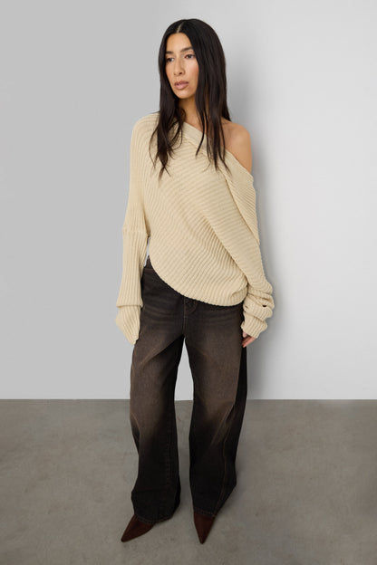 SLOUCHY OFF THE SHOULDER KNIT HOODIE