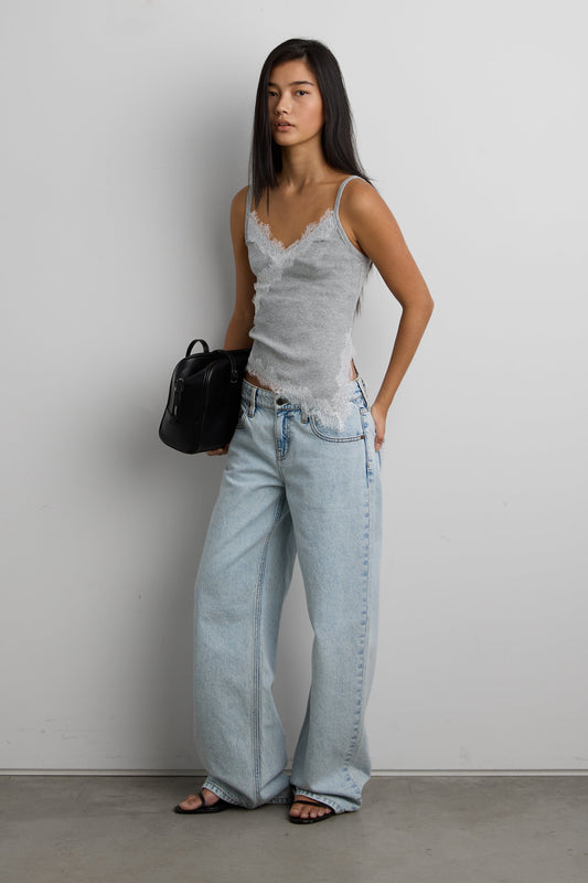 RIBBED ASYMMETRICAL LACE TRIM TANK TOP