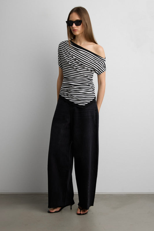 OFF SHOULDER ASYMMETRICAL STRIPE TOP