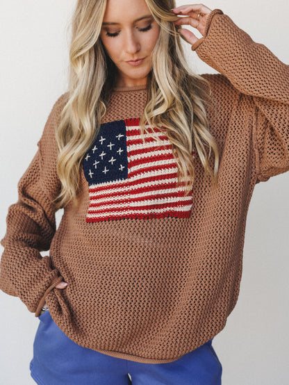 Americana Open Knit Sweater - Deep Camel