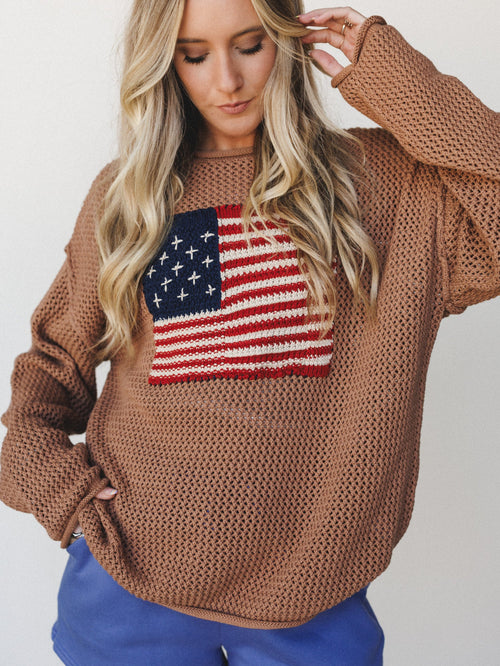 Americana Open Knit Sweater - Deep Camel