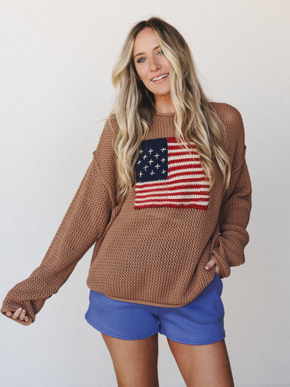 Americana Open Knit Sweater - Deep Camel