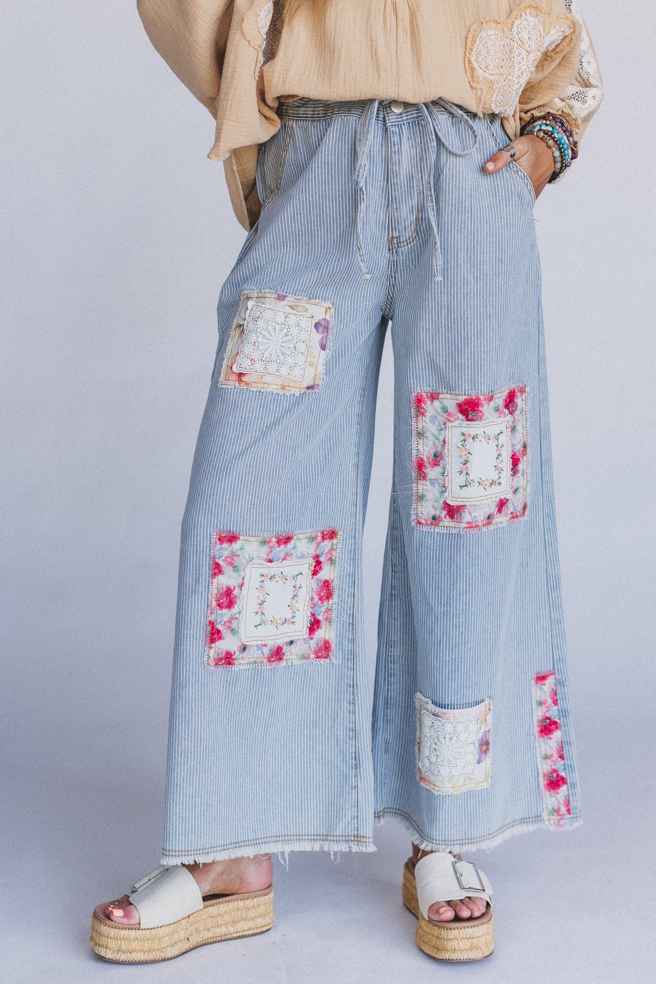 Coastal Lines Striped Patchwork Pants - Denim