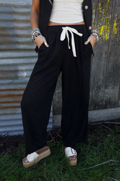 Coastal Ease Drawstring Pants - Black