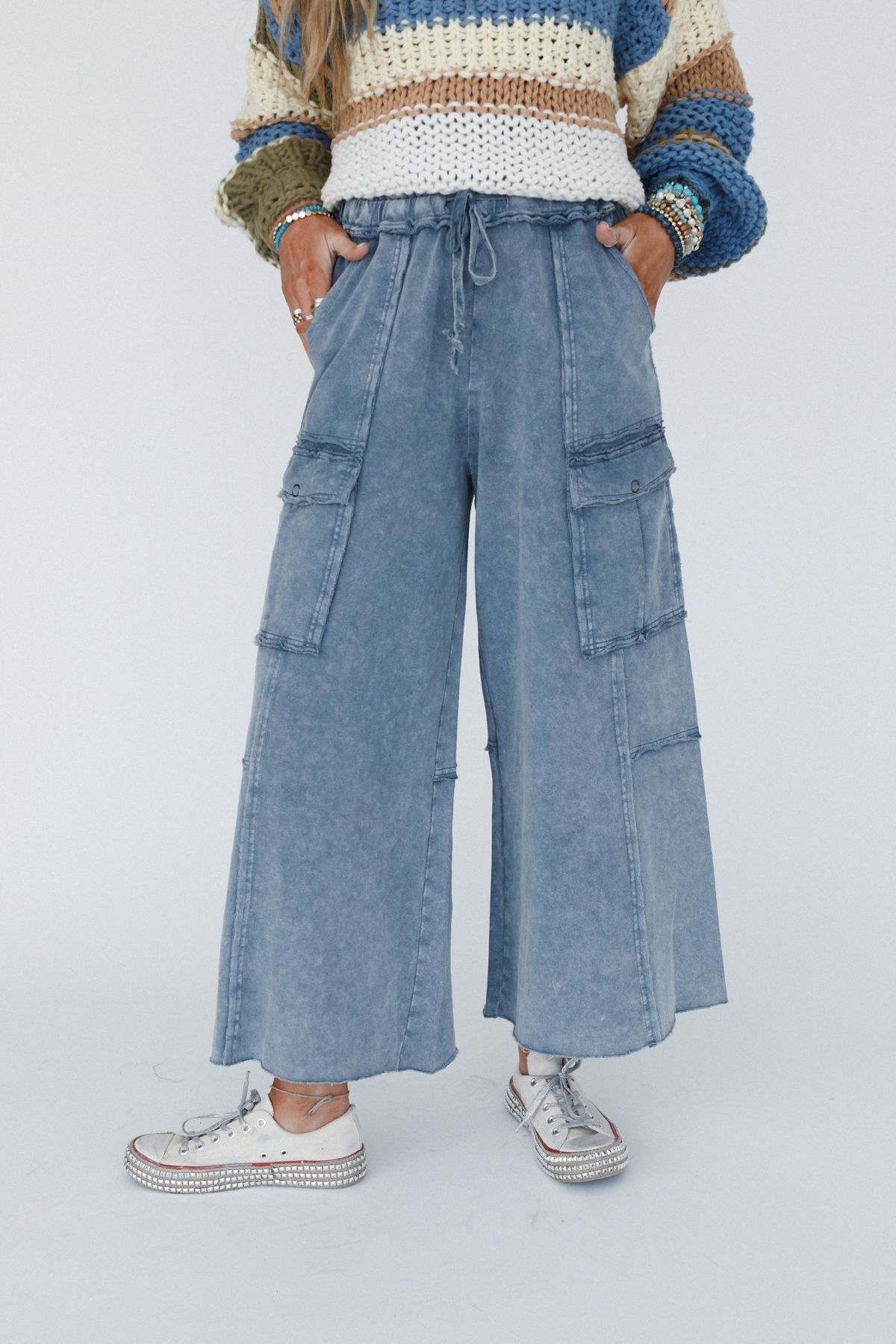 Game On Cargo Wide Leg Pant - Faded Navy - Pre Order