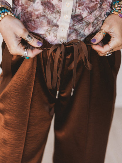 Feeling Sleek Satin Pants - Brown