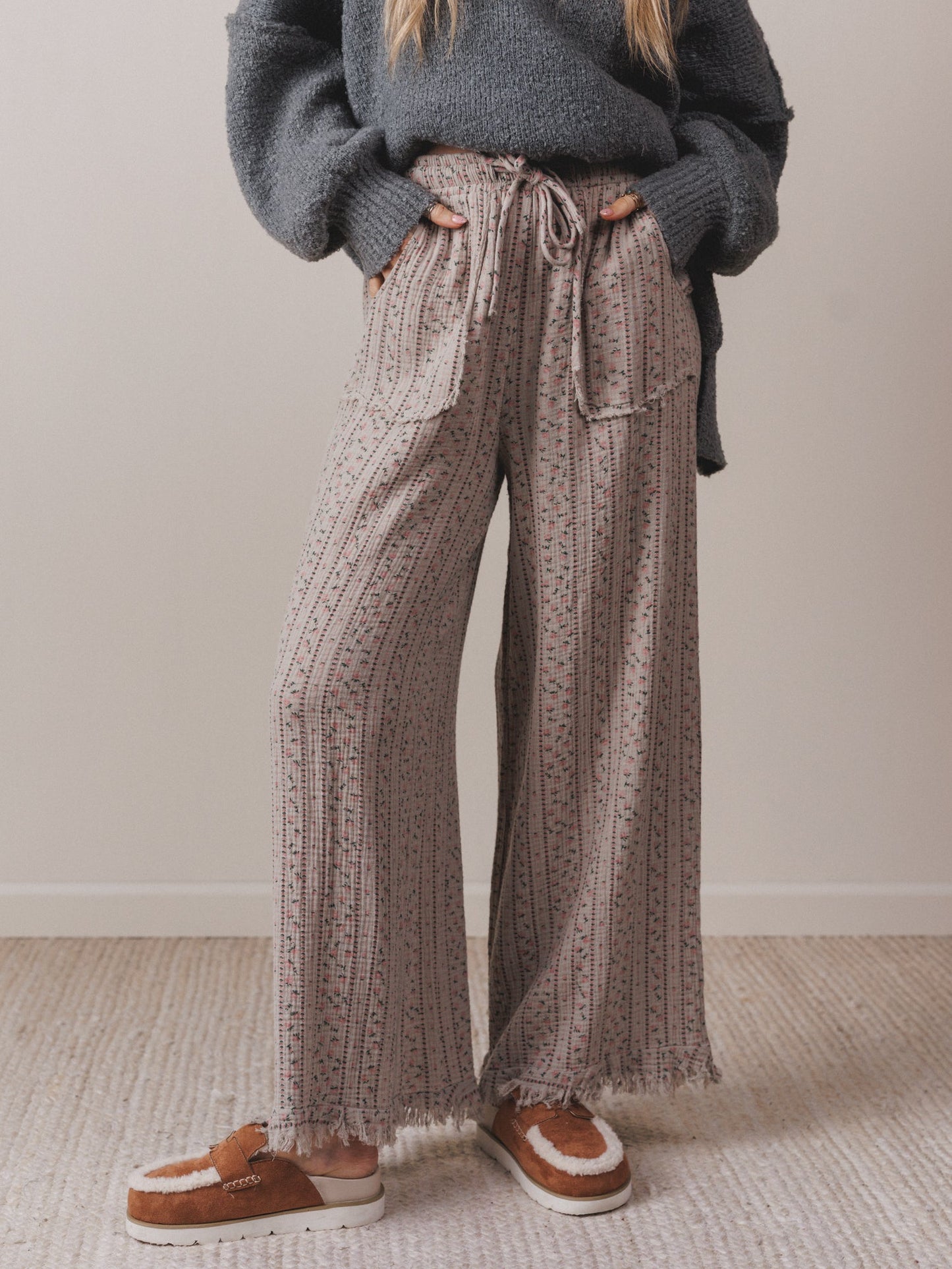 The Nest Sandra Wide Leg Ruffle Pant - Taupe