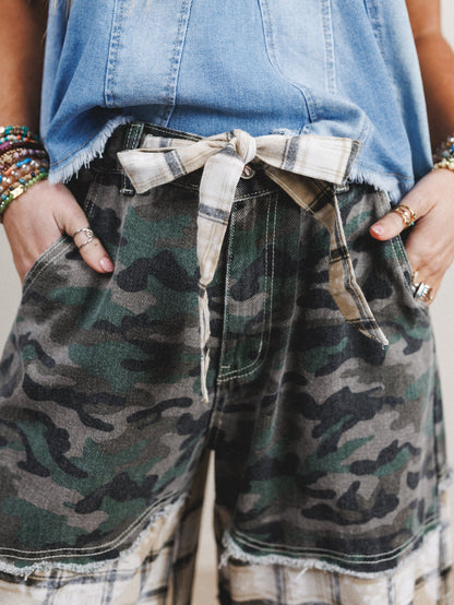 Camo Meets Plaid Wide Leg Pants - Camo Multi
