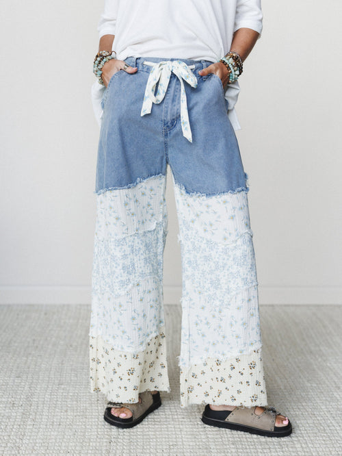 Camo Meets Plaid Wide Leg Pants - Light Denim Multi