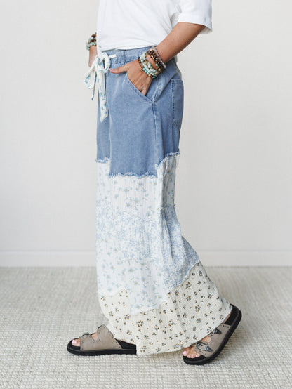 Camo Meets Plaid Wide Leg Pants - Light Denim Multi