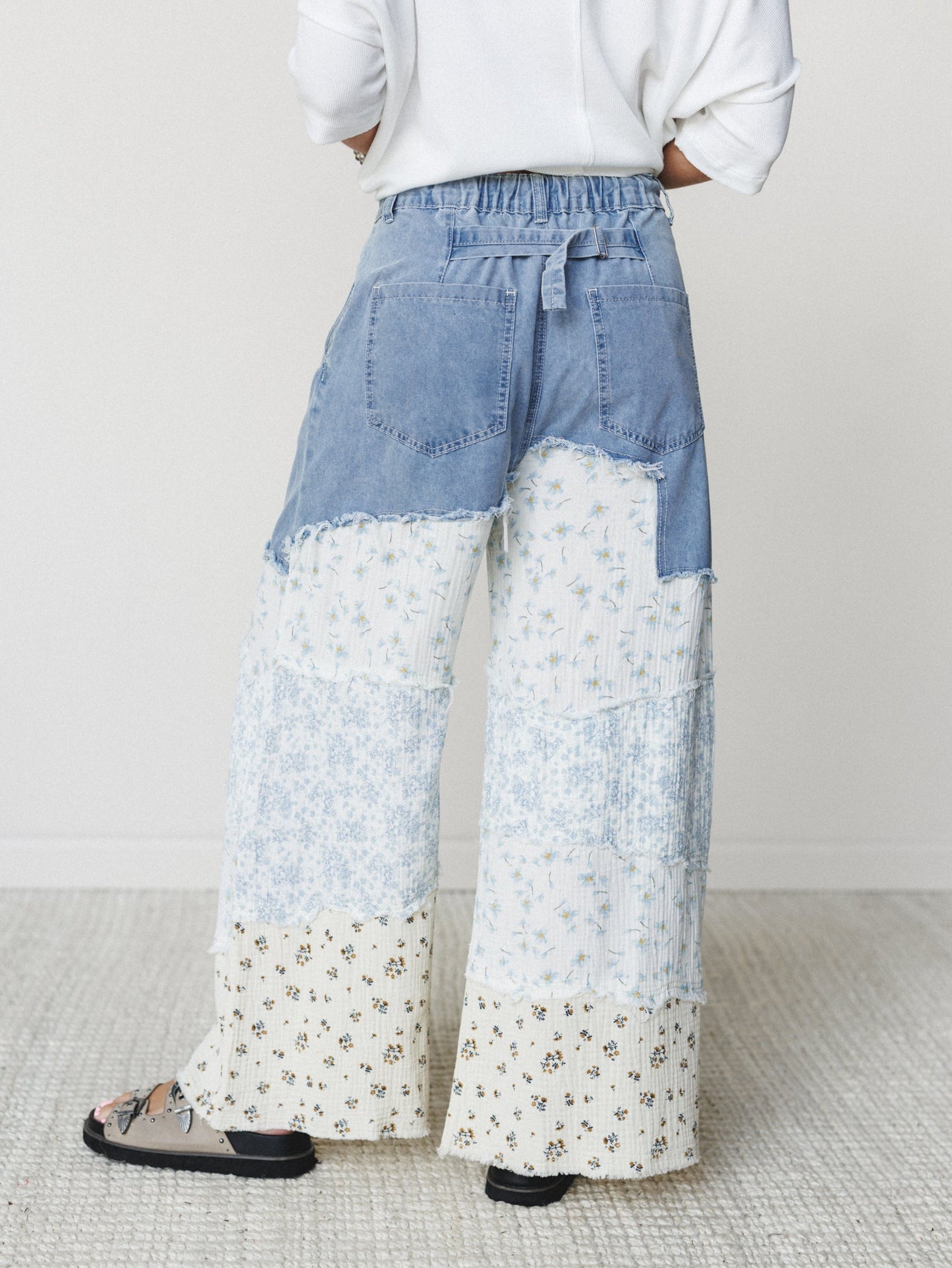 Camo Meets Plaid Wide Leg Pants - Light Denim Multi