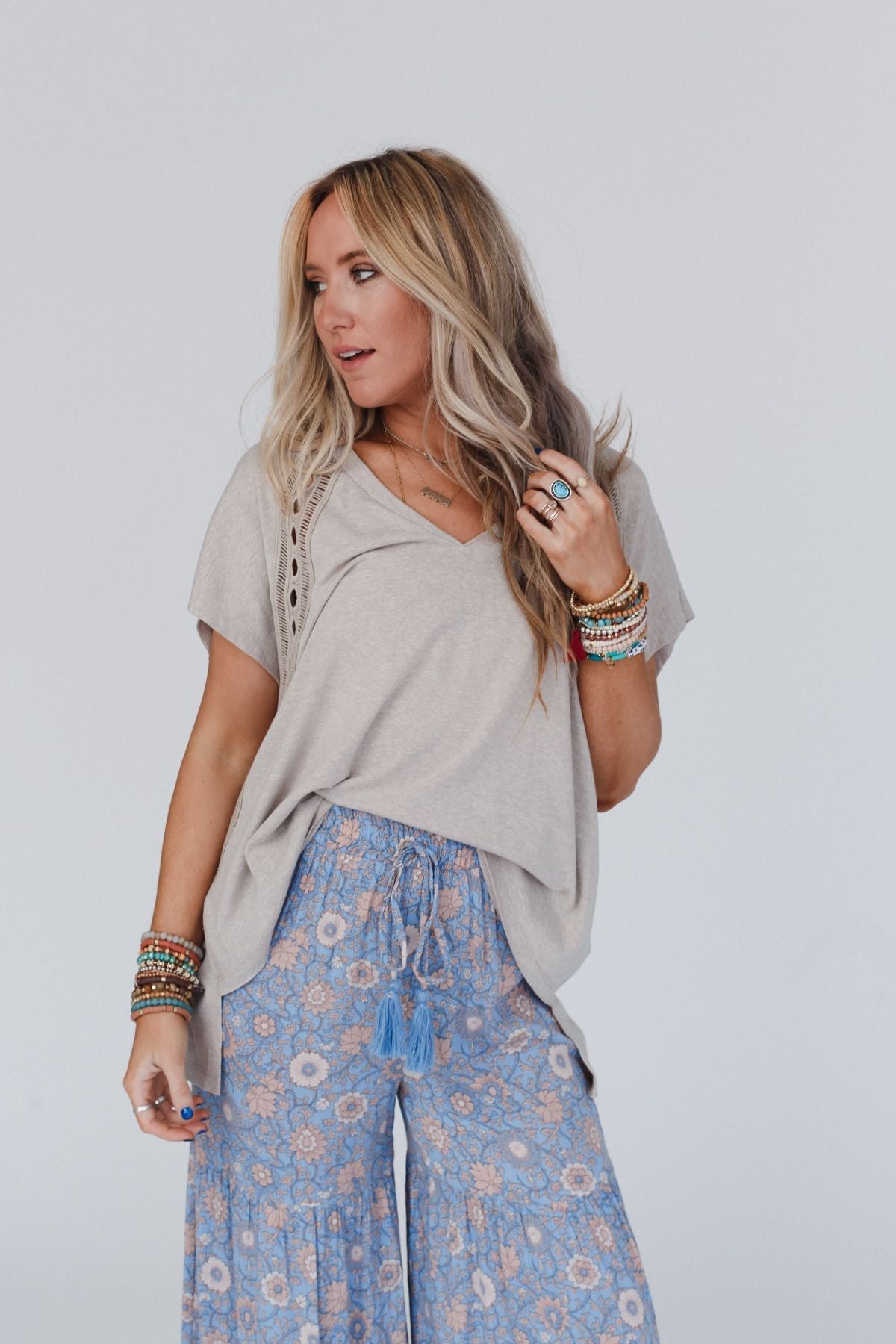 Camden Lace V Neck Top - Camel