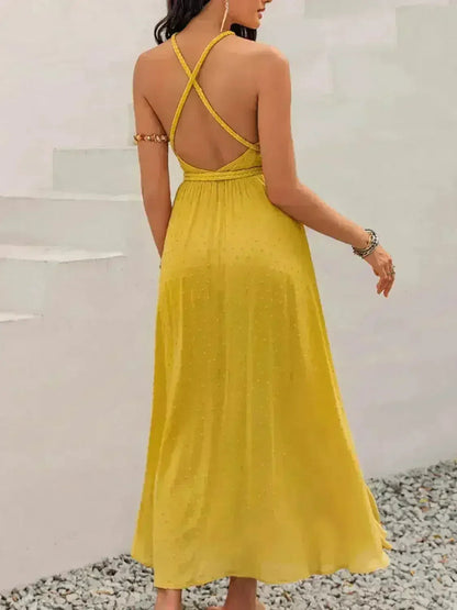 Swiss Dot Backless Dress – Tied Detail & Flowy Silhouette