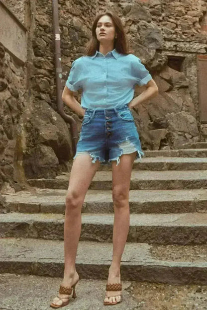 Kancan Distressed Button-Fly High Waist Denim Shorts