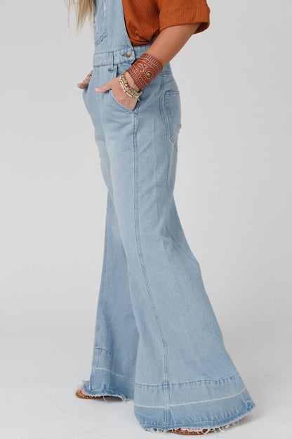 Milly Distressed Hem Wide Leg Overall - Denim