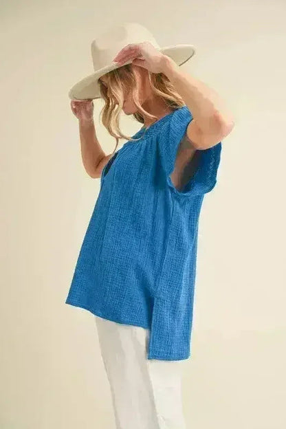 Embroidered Notched Blouse | Side Slit Short Sleeve Top - Femstylo