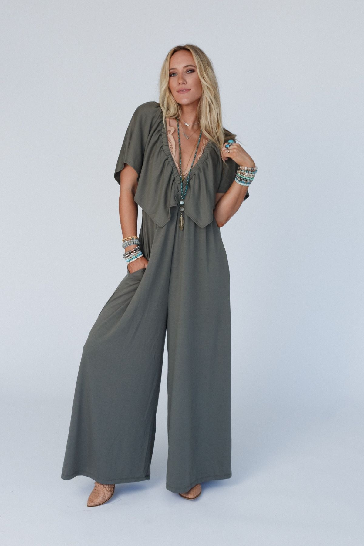 The Nest On Repeat Open Back Ruffle Jumpsuit - Light Olive