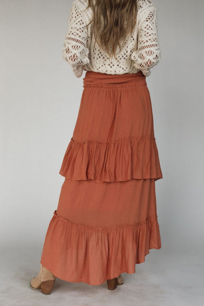 Washed Ashore Ruffled Maxi Skirt - Brick
