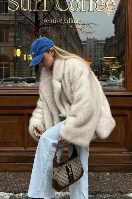 Minimalist Solid Color Plush Tip-Dyed Faux Fox Fur Oversized Coat