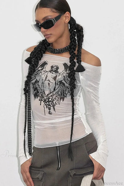 Off-the-shoulder Sheer Mesh Knit Printed Long Sleeve Tee