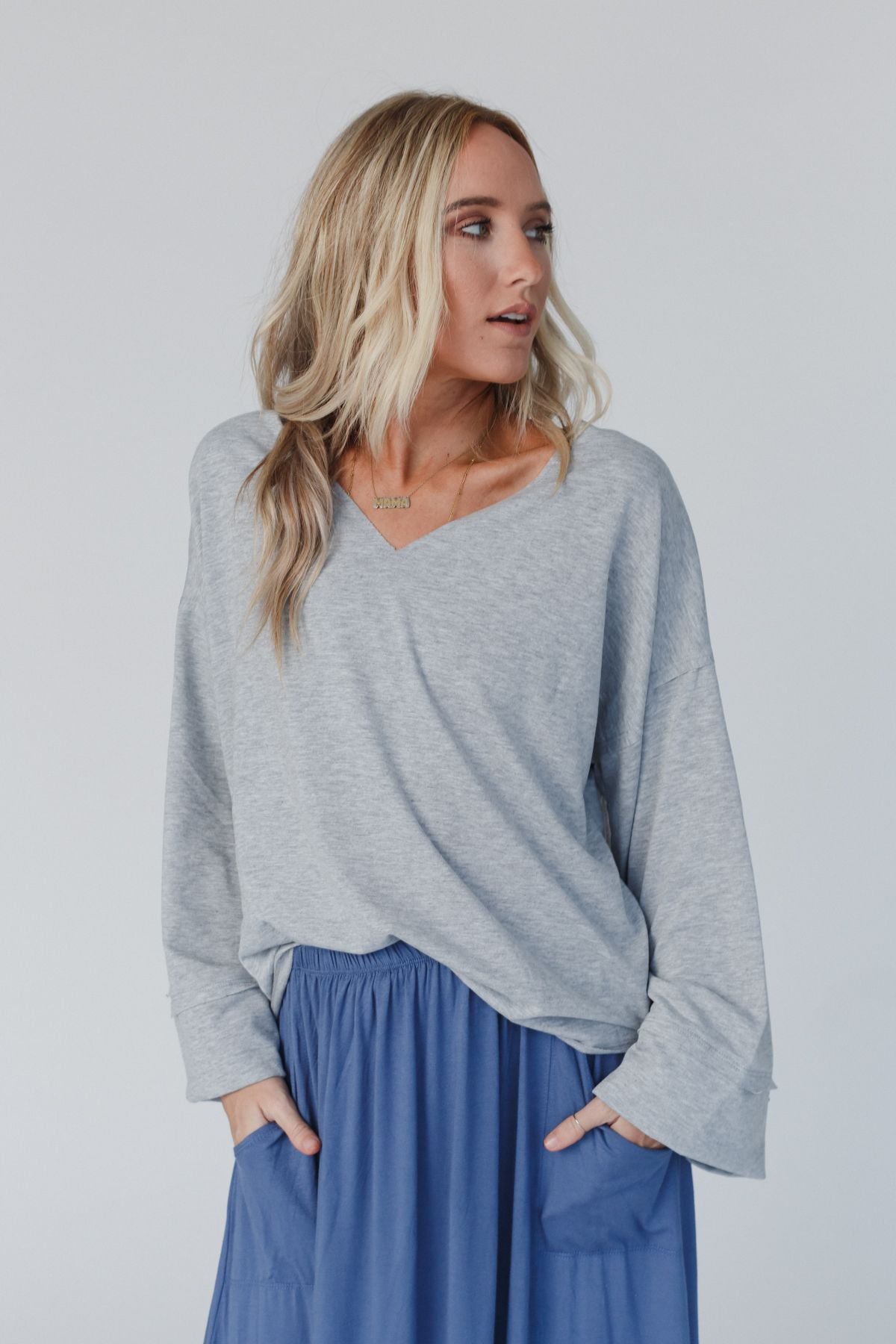 The Nest Love It V Neckline Sweater Top - Heather Gray
