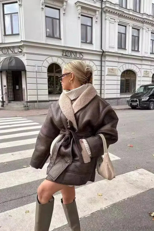 Street Style Color Block Tie Waist Faux Leather Coat