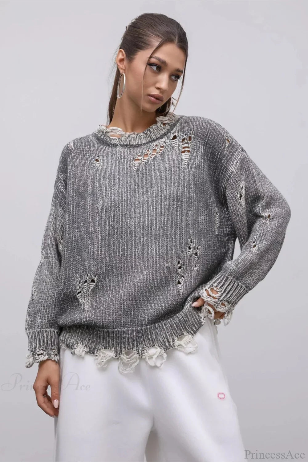 Washed Crew Neck Distressed Mid-Length Sweater