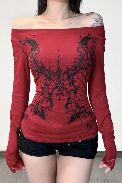 Y2K Dark Print Off Shoulder Long Sleeve Tee